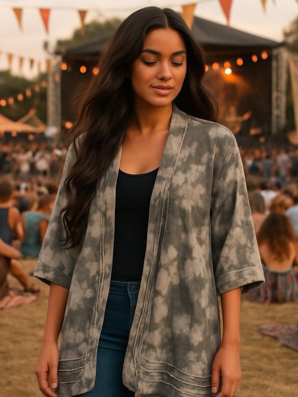 Oh My Gauze! Gray Tie-Dye Open Front Kimono - Picture 2 of 8